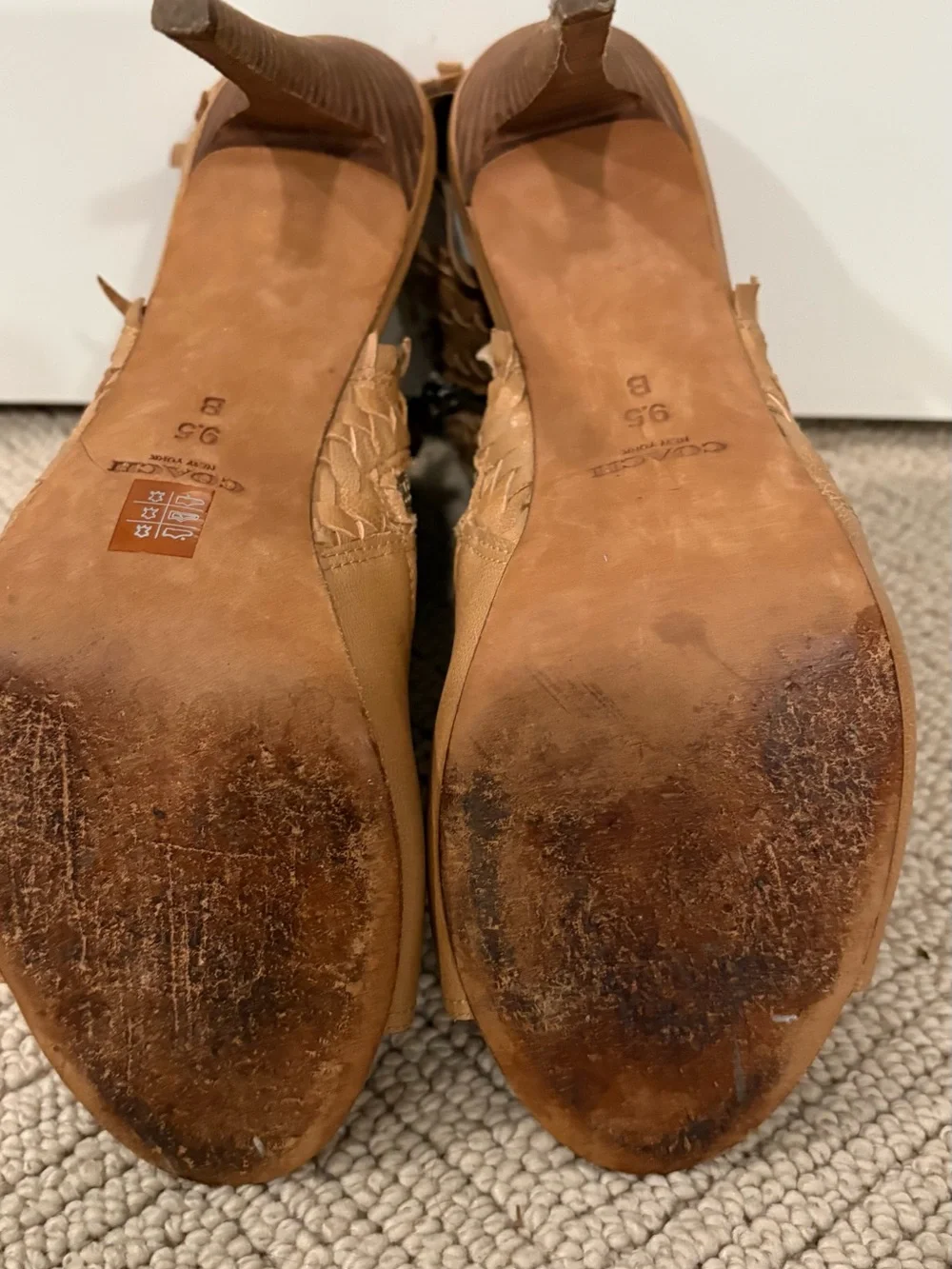 Coach Huarache Gladiator Tan Woven Peep-Toe Heeled Sandals size 9.5